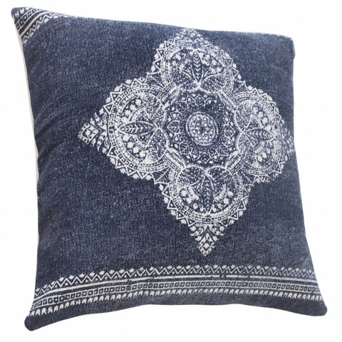 20" Dark Blue And White Cotton Medallion Throw Pillow