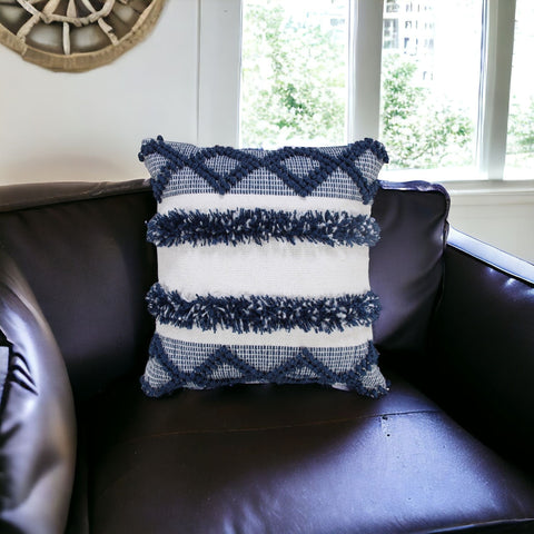 20" Navy Blue And White Fabric Coastal Throw Pillow