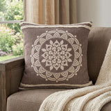 20" Brown And White Floral Medallion Cotton Throw Pillow
