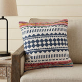 18" X 18" Blue White Red And Yellow 100% Cotton Striped Zippered Pillow