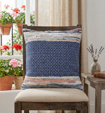 18" X 18" Blue White Red And Yellow 100% Cotton Striped Zippered Pillow