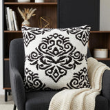 20" X 20" White And Black 100% Cotton Damask Zippered Pillow