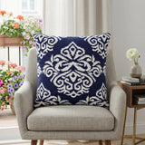 20" Blue And White Damask Cotton Throw Pillow