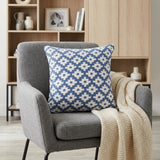20" X 20" Blue And White 100% Cotton Geometric Zippered Pillow