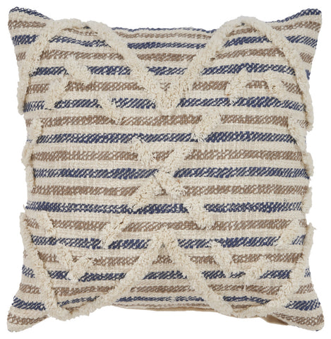 18" Blue And Beige Cotton Striped Throw Pillow