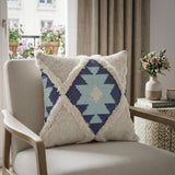 20" X 20" Blue And Cream 100% Cotton Geometric Zippered Pillow