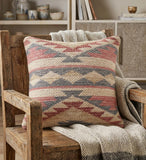 18" X 18" Blue Cream And Red 100% Cotton Geometric Zippered Pillow