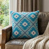 20" X 20" Blue And White 100% Cotton Geometric Zippered Pillow