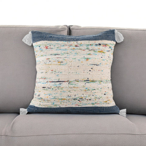 20" Blue And Off White Cotton Abstract Throw Pillow