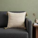 20" Olive Green And Ivory Cotton Striped Throw Pillow with Tassels