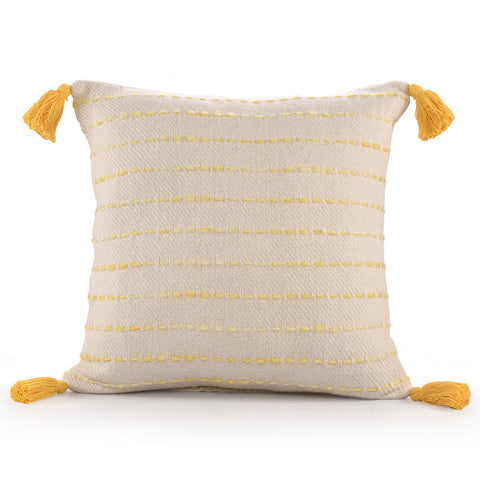 Set of Two 18" Blue and Cream Cotton Throw Pillows with Fringe