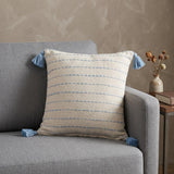 20" X 20" Denim Blue And Ivory 100% Cotton Striped Zippered Pillow