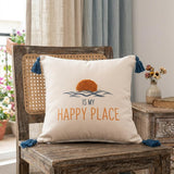 20" White Navy Blue And Yellow Fabric The sea is my happy place Text Throw Pillow with Tassels