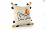 20" Natural Blue And Orange Come Sail Away Throw Pillow With Pompoms And Texture