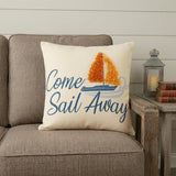 20" Natural Blue And Orange Come Sail Away Throw Pillow With Pompoms And Texture