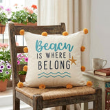 20" Natural Aqua And Orange The Beach Is Where I Belong Throw Pillow with Pompoms