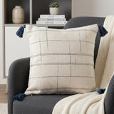 20" Ivory and Blue Throw Pillow