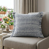 20" Denim Blue And Ivory Fabric Striped Throw Pillow