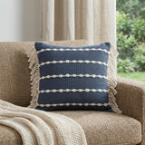 20" Navy Blue And Ivory Cotton Striped Throw Pillow with Fringe