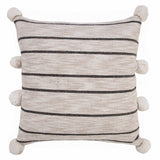 20" Beige And Black Jute Striped Throw Pillow with Pompoms
