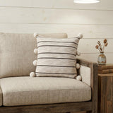 20" Beige And Black Jute Striped Throw Pillow with Pompoms