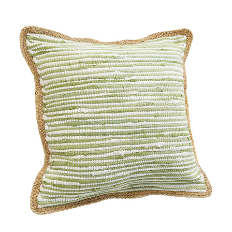 20" Green White And Natural Striped Cotton And Jute Throw Pillow