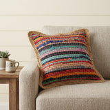 20" Tan Orange and Blue Striped Cotton and Jute Throw Pillow