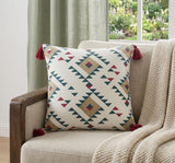 20" X 20" White Burgundy Tan And Teal 100% Cotton Geometric Zippered Pillow