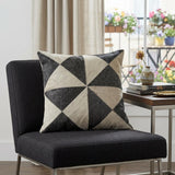 20" Charcoal and Ivory Geometric Wool And Faux Leather Throw Pillow