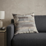 20" Beige Gray and Ivory Striped Wool and Faux Hide Throw Pillow