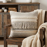 20" Beige and Ivory Throw Pillow with Fringe