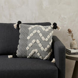 20" Black Gray And Cream Cotton Geometric Throw Pillow with Pompoms