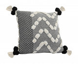 20" Black Gray And Cream Cotton Geometric Throw Pillow with Pompoms