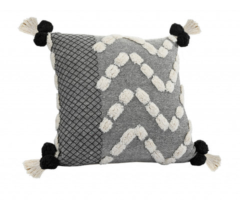 20" Black Gray And Cream Cotton Geometric Throw Pillow with Pompoms
