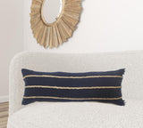 14" X 36" Navy Blue And Tan Cotton Striped Throw Pillow with Fringe