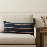 14" X 36" Navy Blue And Tan Cotton Striped Throw Pillow with Fringe