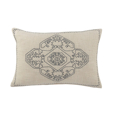 16" X 24" Off White And Navy Blue Cotton Medallion Throw Pillow