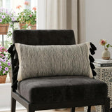 12" X 28" Gray Ivory And Black Cotton Wavy Stripe Throw Pillow with Fringe