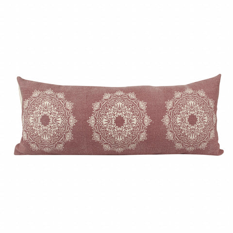 14" X 36" Dusty Rose And White Cotton Medallion Throw Pillow