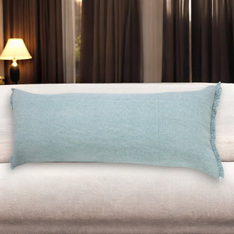 14" X 36" Light Blue Cotton Lumbar Throw Pillow With Fringe