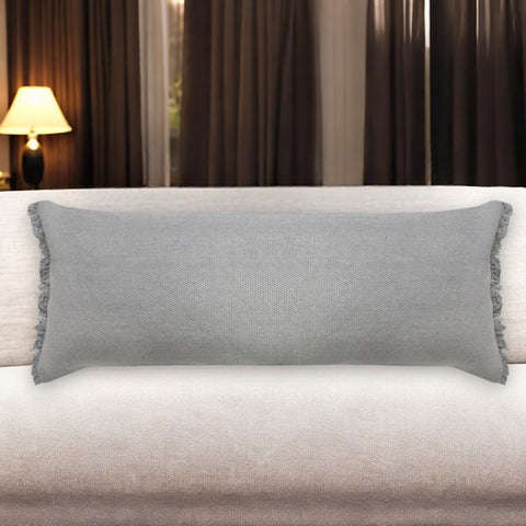 14" X 36" Light Gray Stonewashed Cotton Throw Pillow With Fringe