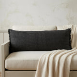 14" X 36" Black Stonewashed Cotton Throw Pillow With Fringe
