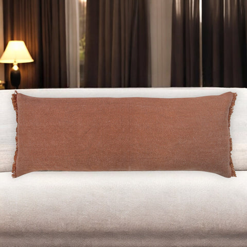 14" X 36" Terra Cotta Stonewashed Cotton Throw Pillow With Fringe