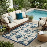 5' X 8' Blue Floral Non Skid Indoor Outdoor Area Rug