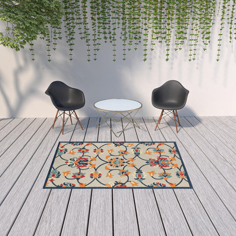 5' X 8' Blue And Orange Floral Non Skid Indoor Outdoor Area Rug