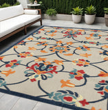 5' X 8' Blue And Orange Floral Non Skid Indoor Outdoor Area Rug