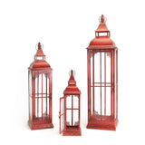 Set of Three Red Distressed Ornate Glass And Metal Floor Lantern Candle Holders