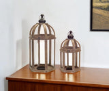 Set of Two Brown Distressed Wood And Glass Floor Lantern Candle Holders
