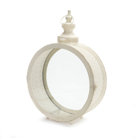 22" Ivory Distressed Ornate Glass And Metal Centerpiece Lantern Candle Holder