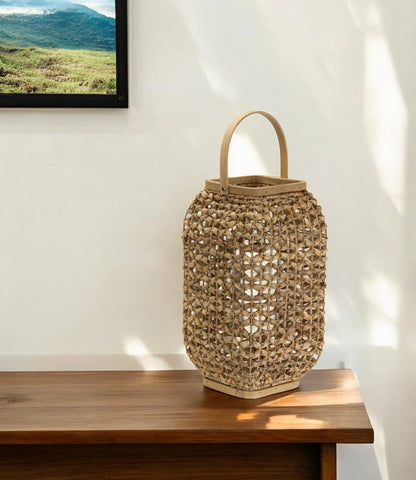 16" Natural Distressed Woven Glass And Wicker Floor Lantern Candle Holder